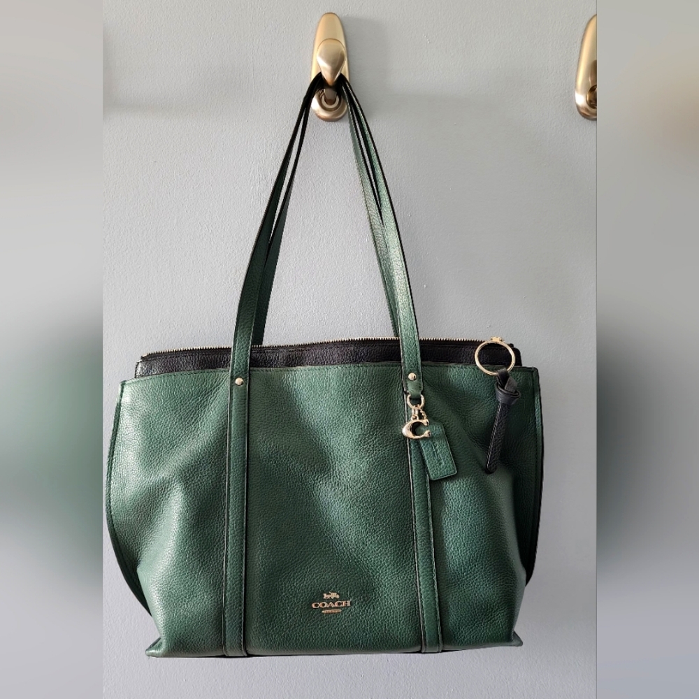 Coach Large Green Tote with Navy Blue Trim